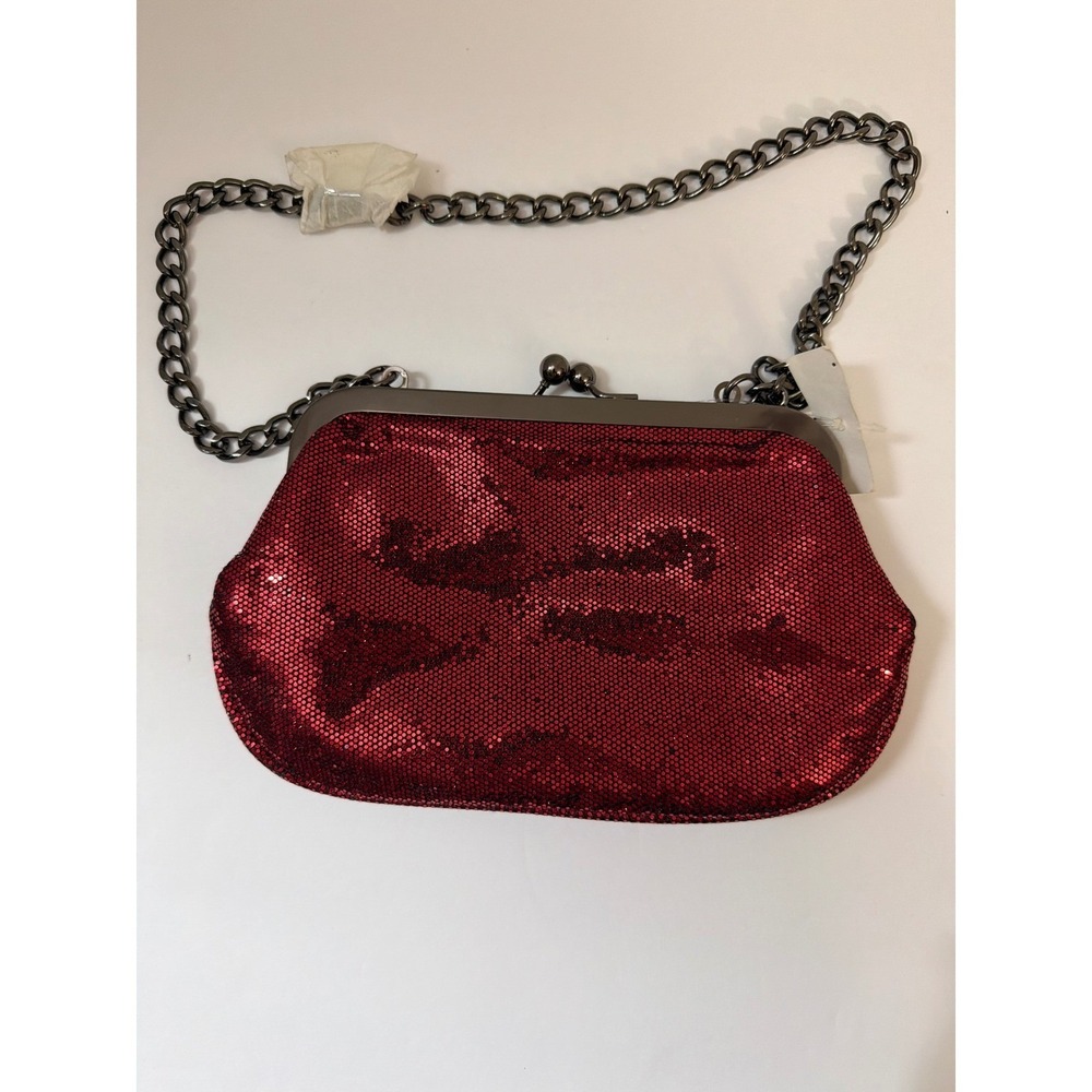NWT Express Red Sequin Evening Clutch Bag Gunmetal Chain Strap 8"